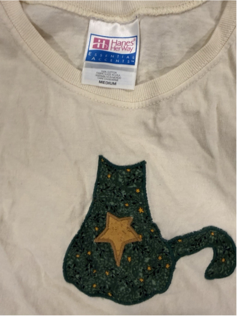 VTG Quilted Cat Patch Star Hanes Cotton Tshirt Homemade Size M Cats Kitty - Picture 3 of 5